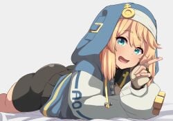 1boy androgynous ass bike_shorts blonde_hair blue_eyes bridget compression_shorts cute donutman eye_contact femboy guilty_gear guilty_gear_strive hoodie looking_at_viewer male male_only shorts solo spandex_shorts thick_thighs