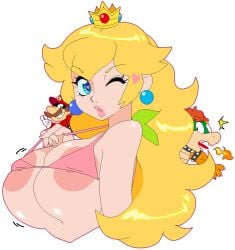 1girls 2boys areola_slip areolae big_areola big_breasts big_nipples blonde_hair blue_eyes bowser bra breasts cap crown earrings female female_focus fire heart heart-shaped_pupil hoshime huge_breasts kissy_face koopa light-skinned_female light_skin lips lipstick long_hair mario mario_(series) moustache nintendo nipple_slip pink_bra pink_lipstick princess_peach surprised swimsuit tagme thick_lips transparent_background upper_body winking