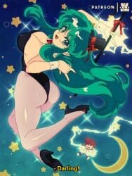 alternate_version_available ass ataru_moroboshi big_breasts blue_eyes bluethebone breasts brown_hair clevage female green_hair hair high_heels horns long_hair lum magician_hat male needs_tags retro_artstyle tagme urusei_yatsura wand