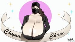 2021 big_breasts breasts brown_hair chyna_chase cleavage digital_drawing_(artwork) digital_media_(artwork) female female_only glistening_breasts hat looking_at_viewer mask masked_female ribboon shiny_breasts solo solo_female stars symbolic_reasons tattoo tattoo_on_breast