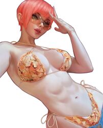 art bikini bikini_top breasts busty criss-cross_halter dsl fanart female_only jeans jenna_lynn_meowri lips meowri neesorin orange_hair pale_skin plump_lips real_person short_hair side-tie_bikini skindentation solo solo_female sunglasses swimsuit_under_clothes tinted_eyewear toned upper_body very_short_hair white_background white_hair