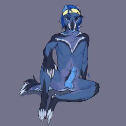 1:1 anthro balls blue_balls blue_body blue_eyebrows blue_eyes blue_fur blue_hair blue_tongue erection eyebrows famir_(artist) front_view full-length_portrait fur genitals glistening glistening_eyes grey_background hair hi_res humanoid_genitalia humanoid_penis looking_at_viewer male multicolored_body multicolored_fur nude penis portrait simple_background sitting solo species_request spread_legs spreading tongue tongue_out white_body white_fur