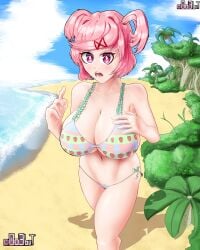 1girls arm_up beach big_breasts c0o3but co03but doki_doki_literature_club female leaves looking_at_viewer natsuki_(doki_doki_literature_club) ocean open_mouth pink_eyes pink_hair sand solo strawberry_swimsuit_top swimsuit trees water