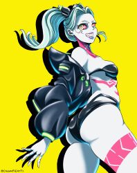 ass_focus big_ass creampieart1 cyberpunk:_edgerunners cyberpunk_2077 fanart female_only green_eyes jacket light_blue_hair rebecca_(edgerunners) red_sclera small_breasts smile solo solo_focus twintails