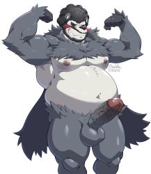 absurd_res afro anthro balls beard belly black_hair blush erection facial_hair flexing fur generation_6_pokemon genitals grey_body grey_fur hair hi_res humanoid_genitalia humanoid_penis maldu male male_only moustache navel nintendo nipples nude overweight overweight_anthro overweight_male pangoro pecs penis pokemon pokemon_(species) simple_background solo video_games white_background