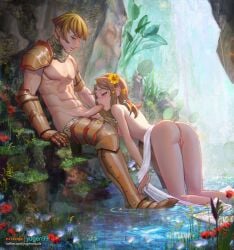 1boy 1girls 2022 big_breasts big_penis blonde_hair blowjob cock_sucking couple detailed_background fellatio fit_male highres long_hair looking_at_another muscular_male short_hair yugen99