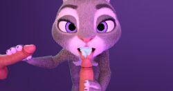 3d_(artwork) blender_(software) bodily_fluids cotg_(artist) cum cum_in_mouth cum_inside cum_on_tongue digital_media_(artwork) disney duo female flat_chest fur genital_fluids genitals grey_body grey_fur handjob hi_res judy_hopps lagomorph leporid looking_at_viewer mammal penis purple_eyes rabbit simple_background threesome tongue zootopia