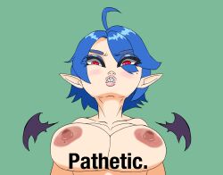 1girls blush demon erozer eyeshadow female_only freesphinx huge_breasts large_breasts lips looking_at_viewer looking_down makeup meme nipples nude pathetic_(meme) red_eyes sharp_teeth succubus