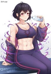 1girls abs aura black_hair brand_of_the_defile cleavage corruption dark_aura dark_hair dark_persona eyes_of_grima female female_only fire_emblem fire_emblem_awakening fire_emblem_heroes foxie30 grima_(fire_emblem) looking_at_viewer medium_breasts midriff morgan_(fire_emblem) morgan_(fire_emblem)_(female) nintendo red_eyes short_hair solo unamused water_bottle