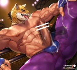 arkapami balls bandai_namco bara big_penis boner censored_penis cum disembodied_hand erection gay handjob jaguar king_(tekken) male male_only mask masked muscles muscular penis penis_out spread_legs tekken tongue_out wrestler