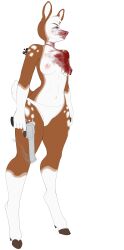 angry anthro barechested blood blood_on_breast blood_on_face blue_eyes bodily_fluids breasts cervid clothed clothing countershading crossed_legs ears_up evidence_of_violence female gun handgun hi_res hooves humanoid_fingers humanoid_hands mammal narrowed_eyes nipples panties pink_nipples pink_nose ranged_weapon reina_(artist) revolver simple_background smeared_blood smoking_gun solo spots standing topless topless_female underwear violence weapon white_background white_clothing white_panties white_spots white_underwear