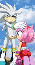 amy_rose amy_rose_(boom) anthro clothing eulipotyphlan female furry gloves grey_body hand_on_head hedgehog male male/female mammal mobius_unleashed palcomix penis pink_body sega shoes silver_the_hedgehog sonic_(series) sonic_boom