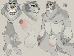 anthro balls big_balls big_hands big_penis canid canine canis eyebrows facial_hair fangs flaccid foreskin fur genitals grey_body grey_fur humanoid_genitalia humanoid_penis male mammal model_sheet nipples nude pecs penis pineray simple_background slightly_chubby smile solo were werecanid werecanine werewolf wolf