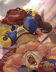 bandai_namco bara bulge crossover dangpa dinosaur gay held_upside_down jaguar king_(tekken) king_of_dinosaurs king_of_fighters male male_only mask masked muscles muscular snk spread_legs tekken upside-down wrestler