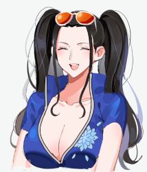 1girls alternate_hairstyle big_breasts black_hair breasts busty cleavage closed_eyes cute female female_only happy hi_res joman large_breasts long_hair nico_robin one_piece open_mouth saram_80 smile solo sunglasses_on_head twintails