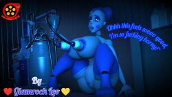 3d 3d_(artwork) 3d_model animatronic ballerina ballora ballora_(fnafsl) ballora_(spiderjunior10) big_breasts blue_fur dialogue english_text exposed_pussy five_nights_at_freddy's five_nights_at_freddy's:_sister_location fnaf freddyleo giant_breasts heart-shaped_pupils lactation leggings leggings_only looking_pleasured milking milking_breasts milking_machine naked scottgames sfm sister_location spiderjunior10 stockings text white_skin