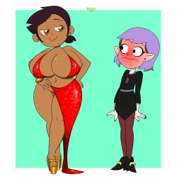 2girls accurate_art_style amity_blight big_breasts blush brown_hair canon_couple clothed_female daphne_dress dark-skinned_female dress eyebrow_scar female female_only golden_eyes green_background high_heels hispanic human_female interspecies_relationship latina lavender_hair light-skinned_female luz_noceda multiple_girls no_underwear pale-skinned_female pointy_ears precarious_clothing purple_hair red_dress shocked skimpy_dress the_owl_house thick thick_as_fuck thick_thighs white_background witch xierra099 yuri