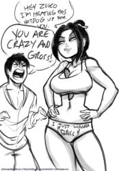 angry avatar_the_last_airbender azula bare_shoulders belly belly_button black_and_white bra breasts brother_and_sister burn_scar casual cleavage clothing dark_hair dialogue duo duo_focus grin hair_ornament heart implied_incest incest inviting inviting_to_sex jerkdouglas large_breasts looking_at_another paizuri_invitation panties sausage scar smug suggestive_food suggestive_look tank_top teeth teeth_visible text tied_hair zuko