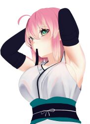 armpits big_breasts breasts chii_aruel fixing_hair hair_tie hands_behind_head looking_at_viewer pink_hair soul_worker