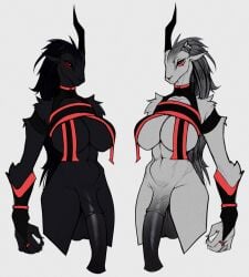 amputee animal_genitalia animal_penis anthro black_body black_fur black_hair bovid broken_horn caprine disability duo equine_penis flaccid fur futanari genitals goat hair hi_res horn intersex mammal missing_arm orinvega penis red_eyes