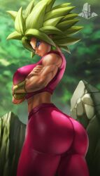 1girls ass biceps big_ass big_breasts blue_eyes breasts clothing dat_ass dragon_ball dragon_ball_super ear_piercing earrings elitenappa female female_only female_saiyan fusion green_hair kefla legendary_super_saiyan looking_at_viewer looking_back muscular muscular_female potara_earrings saiyan solo super_saiyan super_saiyan_2 thick_thighs wide_hips