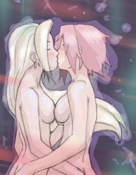 2girls artist_request ass blonde_hair blush breast_press breasts crude_drawing earrings female female_only ino_yamanaka jewelry kissing long_hair multiple_girls naruto naruto_(series) naruto_shippuden nipples nude pink_hair sakura_haruno short_hair symmetrical_docking upper_body very_long_hair yuri