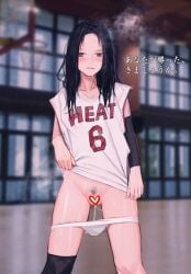 absurdres basketball_hoop basketball_jersey black_hair black_thighhighs blurry blurry_background blush censored clothes_lift collarbone cosplay drizzle_13 elbow_sleeve female grey_eyes gym heart heart_censor highres indoors lebron_james_(cosplay) long_hair looking_at_viewer no_pants original over-kneehighs panties panty_pull pubic_hair pussy_juice pussy_juice_trail shirt shirt_lift single_over-kneehigh single_thighhigh sleeveless sleeveless_shirt solo spread_legs standing steam sweat thighhighs translation_request underwear white_panties white_shirt