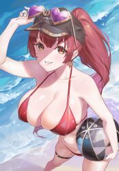 alternate_costume bangs bare_shoulders baseball_cap bikini blush breasts cleavage collarbone eyewear_on_head eyewear_on_headwear female hat heart heart-shaped_eyewear heterochromia highres hololive hololive_fantasy hololive_japan houshou_marine large_breasts long_hair looking_at_viewer nox13 official_alternate_costume red_bikini red_eyes red_hair smile solo sunglasses sunglasses_on_head swimsuit thighs virtual_youtuber yellow_eyes