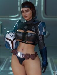 1girls 3d abs absurd_res bo-katan_kryze breasts female female_only gloves helmet hi_res large_breasts mandalorian mandalorian_helmet panties red_hair rude_frog solo solo_female star_wars thighs wide_hips