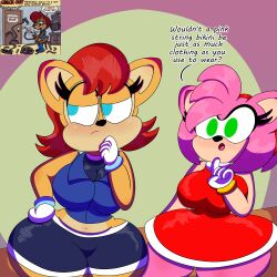 1:1 2020 2girls 3barts 4k absurd_res accessory amy_rose anthro archie_comics ass belly big_ass big_breasts big_butt blue_eyes bottomwear breasts brown_body brown_fur child_bearing_hips chipmunk clothing curvaceous curvy curvy_body curvy_female curvy_figure dialogue digital_drawing_(artwork) digital_media_(artwork) dress duo duo_focus english_text eulipotyphlan eyelashes female female_focus female_only fingers fur furry gloves green_eyes ground_squirrel hair hair_accessory hairband handwear headband hedgehog hi_res hourglass_figure huge_ass huge_breasts huge_butt jacket mammal midriff multicolored_body multicolored_fur navel pink_body pink_fur pink_hair red_hair rodent sally_acorn sciurid sega short_hair shorts simple_background slightly_chubby slim_waist small_waist sonic_(series) sonic_the_hedgehog_(archie) sonic_the_hedgehog_(comics) sonic_the_hedgehog_(series) standing tan_body tan_fur text thick_thighs thinking tongue topwear two_tone_body two_tone_fur vest video_games voluptuous wide_hips