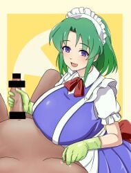 1boy 1girls big_breasts big_mouse_(little_mouse01) blue_eyes breasts censor_bar censored dark-skinned_male dark_skin fat_man gloved_handjob gloves green_gloves green_hair handjob interracial latex_gloves light-skinned_female light_skin maid maid_outfit maid_uniform robot_humanoid ruukoto touhou touhou_(pc-98)