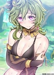 1girls belly bikini black_bikini blush bra breasts closed_mouth collei_(genshin_impact) covering crying earrings fei_lio_mao female genshin_impact green_hair half-dressed mouth_closed purple_eyes shy sweat sweating tears wide_hips