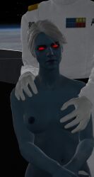 3d areolae blue_skin breast_grab chiss glowing_eyes grand_admiral groping hand_on_breast hand_on_shoulder hannadee imperial_officer legs_crossed male medium_breasts navel questionable_consent red_eyes star_wars uniform white_hair