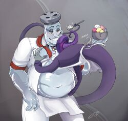 animate_inanimate belly_grab big_belly chef_saltbaker cuphead:_the_delicious_last_course cuphead_(game) feeding food humanoid ice_cream male male_only mortimer_freeze overweight_male pectoral_grab squeezing