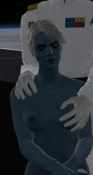 3d blue_skin chiss groping hand_on_breast hand_on_shoulder hannadee imperial_officer legs_crossed male questionable_consent red_eyes sitting star_wars uniform