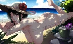 1girls artist_signature beach black_hair breasts cloud completely_nude completely_nude_female earrings hammock hanging_breasts hat large_breasts licking_lollipop lollipop long_hair lying_on_stomach milf mole_under_mouth my_mother_the_animation naked nude nush_(xter) pale-skinned_female red_eyes seductive_look solo_female xtermination