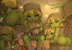 5girls anus ass big_butt blonde_hair dialogue eating female food fruit genitals goblin goblin_female green_body green_skin group hair hi_res humanoid monster_girl multiple_girls noise_(artist) not_furry plant pussy short_stack shortstack