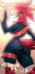 anthro ass avian beak big_ass big_butt bird breasts butt digital_media_(artwork) english_text feathers female female_focus female_only hi_res looking_at_viewer looking_back looking_back_at_viewer neosavias red_body red_feathers tagme text text_on_shirt