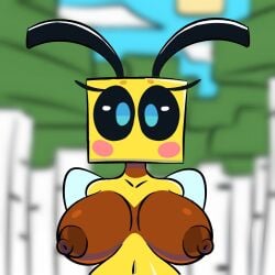 1:1 antennae anthro bee bee_(minecraft) big_breasts black_sclera blue_eyes blurred_background blush breasts brown_nipples female_focus female_only looking_at_viewer minecraft mouthless multicolored_body navel sega-htf_(artist) solo wings