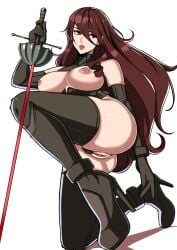 1girls alecto_0 areolae ass atlus breasts_out female female_only functionally_nude functionally_nude_female gloves heels high_heels long_gloves long_hair mitsuru_kirijo nipples persona persona_3 pierced_nipples pussy red_hair solo sword thighhigh_boots weapon