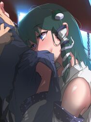 1boy 1girls :>= blowjob clothed_blowjob green_hair heterosexual hidden_sexual_act horny_female hyudora nipple_play precum sanae_kochiya touhou