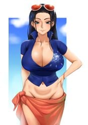 1girls 2022 blue_eyes breasts cleavage cropped_jacket female female_only hi_res hips huge_breasts kevbot light-skinned_female light_skin looking_at_viewer naughty_face nico_robin no_panties one_piece pareo post-timeskip slim_waist smile sunglasses sunglasses_on_head thick_thighs thighs wide_hips