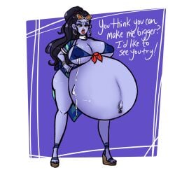 1girls belly big_belly big_breasts bikini breasts female huge_belly hyper_pregnancy lactation navel_piercing nipple_bulge overwatch pregnant purple_skin slickpens text widowmaker