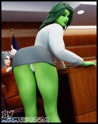 1girls 3d alternate_version_available artist_name ass background_character bending_over bending_over_desk black_border business_attire business_suit business_woman courtroom crossover earring female female_focus female_only fortnite fully_clothed green-skinned_female green_eyes green_hair green_skin hoop_earring hulk_(series) looking_at_viewer marvel marvel_comics middle_finger miniskirt mrmcpizza office_lady panties pantyshot public she-hulk she-hulk_(fortnite) skirt solo thighs