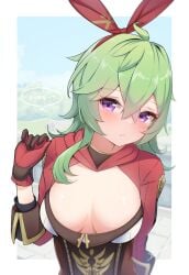 alternate_costume amber_(genshin_impact) amber_(genshin_impact)_(cosplay) blush collei_(genshin_impact) cosplay cute female_focus female_only genshin_impact green_hair xlyami