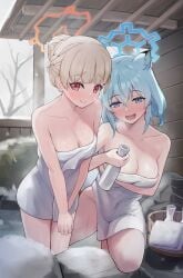 2girls absurdres aqua_hair armpit_crease bare_legs bare_shoulders bare_tree blonde_hair blue_archive blue_eyes blush breasts cleavage closed_mouth collarbone commentary_request gradient_eyes hair_bun halo heavy_breathing highres looking_at_viewer medium_breasts multicolored_eyes multiple_girls naked_towel nodoka_(blue_archive) nodoka_(hot_spring)_(blue_archive) nose_blush onafuku onsen open_mouth outdoors purple_eyes red_eyes red_winter_federal_academy_student shigure_(blue_archive) shigure_(hot_spring)_(blue_archive) single_hair_bun smile snow snowing spec_ops_no._227_(blue_archive) tokkuri towel tree white_towel