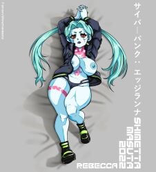 1girls alternate_breast_size alternate_version_available big_breasts cyberpunk:_edgerunners cyberpunk_2077 female_focus female_only green_eyes jacket light_blue_hair lying_down open_jacket rebecca_(edgerunners) red_sclera shimetta_masuta solo thick_thighs twintails