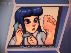 blue_eyes blue_hair caption dialogue feet foot_fetish long_hair meme phone soles subtitled switchlaid talking_on_phone talking_to_another yuri