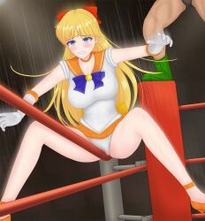 1girls 3d big_breasts bishoujo_senshi_sailor_moon blonde_hair blue_eyes bow clothing female female_focus femsub gold_tiara high_heels hirame_sashimi imminent_rape long_hair medium_breasts minako_aino orange_shoes orange_skirt panties red_ribbon ryona sailor_venus skirt small_pussy tears wrestling_ring