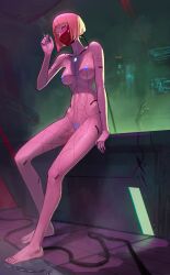 1girls absurdres blonde_hair blue_nipples bob_cut breasts casual cd_projekt_red cigarette colored_nipples completely_nude cool4noodle cybernetics cyberpunk:_edgerunners cyberpunk_2077 cyborg electronics female female_pubic_hair highres holding holding_cigarette human indoors kiwi_(edgerunners) looking_at_viewer mask mechanical_parts medium_breasts mouth_mask netflix nipples nude pale_skin pink_eyes pubic_hair puddle short_hair sitting skinny smoke solo spider_web_print water wet